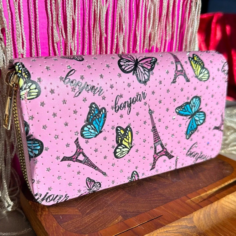 “Blu Crush” Pink & sparkle Double Zip Long Wallet Eiffel Tower Butterflies NWOT - Picture 1 of 8